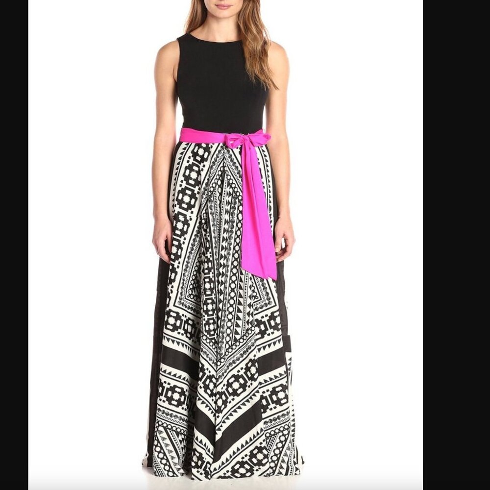 Eliza J Maxi Dress Boho Geometric Handkerchief Hem Black White Pink Sash Size 2